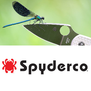 Spyderco Logo, a knife with a dragonfly perched on the blade on a green background