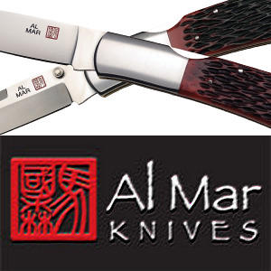 Red Al Mar brand logo beside the words Al Mar, with crossed, open pocketknives above